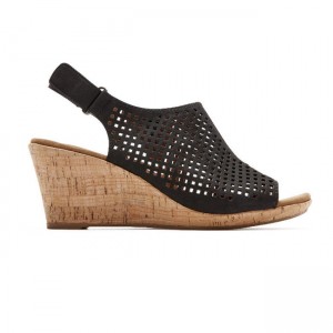 Women Rockport Briah Perforated Slingback Sandals Black | 8576-JRAXQ