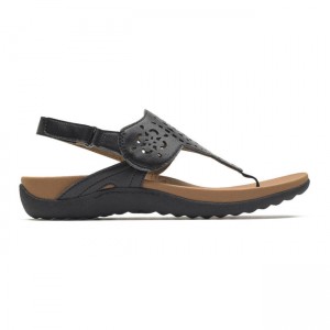 Women Rockport Ridge Circle Cutout Thong Sandals Black | 8152-ICJNA