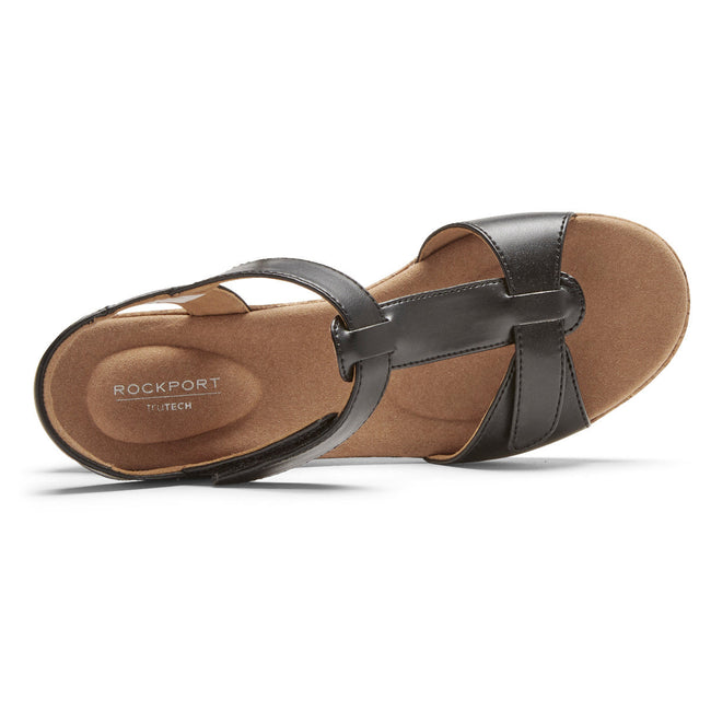 Women Rockport Blanca T-Strap Sandals Black | 8742-QVICM