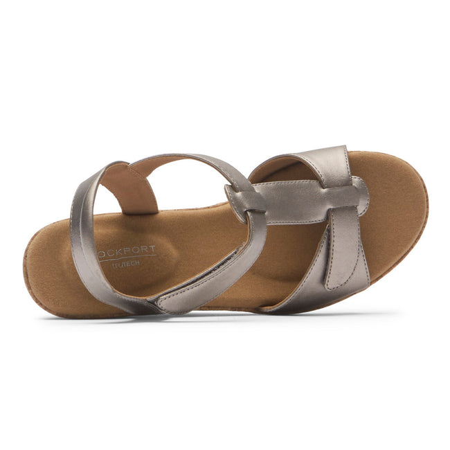 Women Rockport Blanca T-Strap Sandals Grey / Brown / Metal | 3842-QIWZC