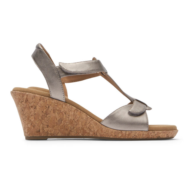 Women Rockport Blanca T-Strap Sandals Grey / Brown / Metal | 3842-QIWZC